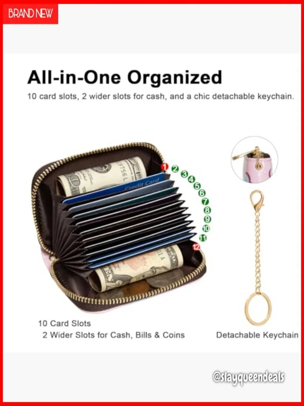 Slim RFID Blocking Leather Wallet with Keychain, 10 Card Slots